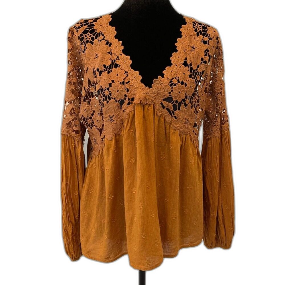 Free People Lina Lace Crochet Rust Colored Peasant Blouse Size Small